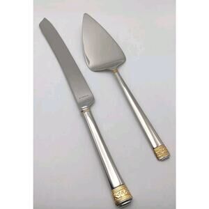 Gorham Festive Holly Gold Accent Knife, Cake Server Set 18/10 Stainless Flatware